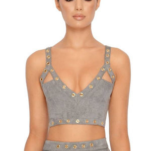 Oh Polly Stud Up Grommet Suede Crop Top GREY